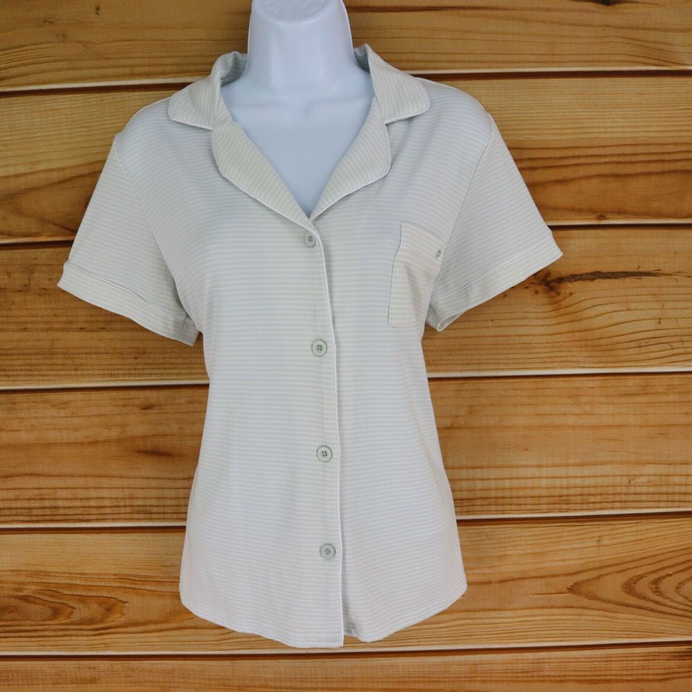 Tahari Pajama Top Button Up Short Sleeves Womens Size M Green White Striped SOFT
